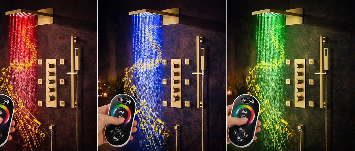 Douche thermostatique connectée ciel de pluie doré brossé Milan